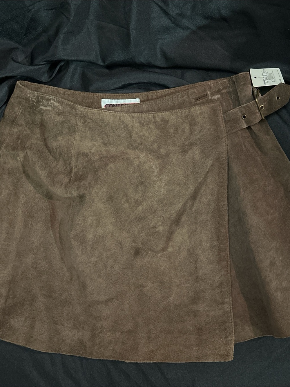 Brown Suede Mini Wrap Skirt with Side Buckle